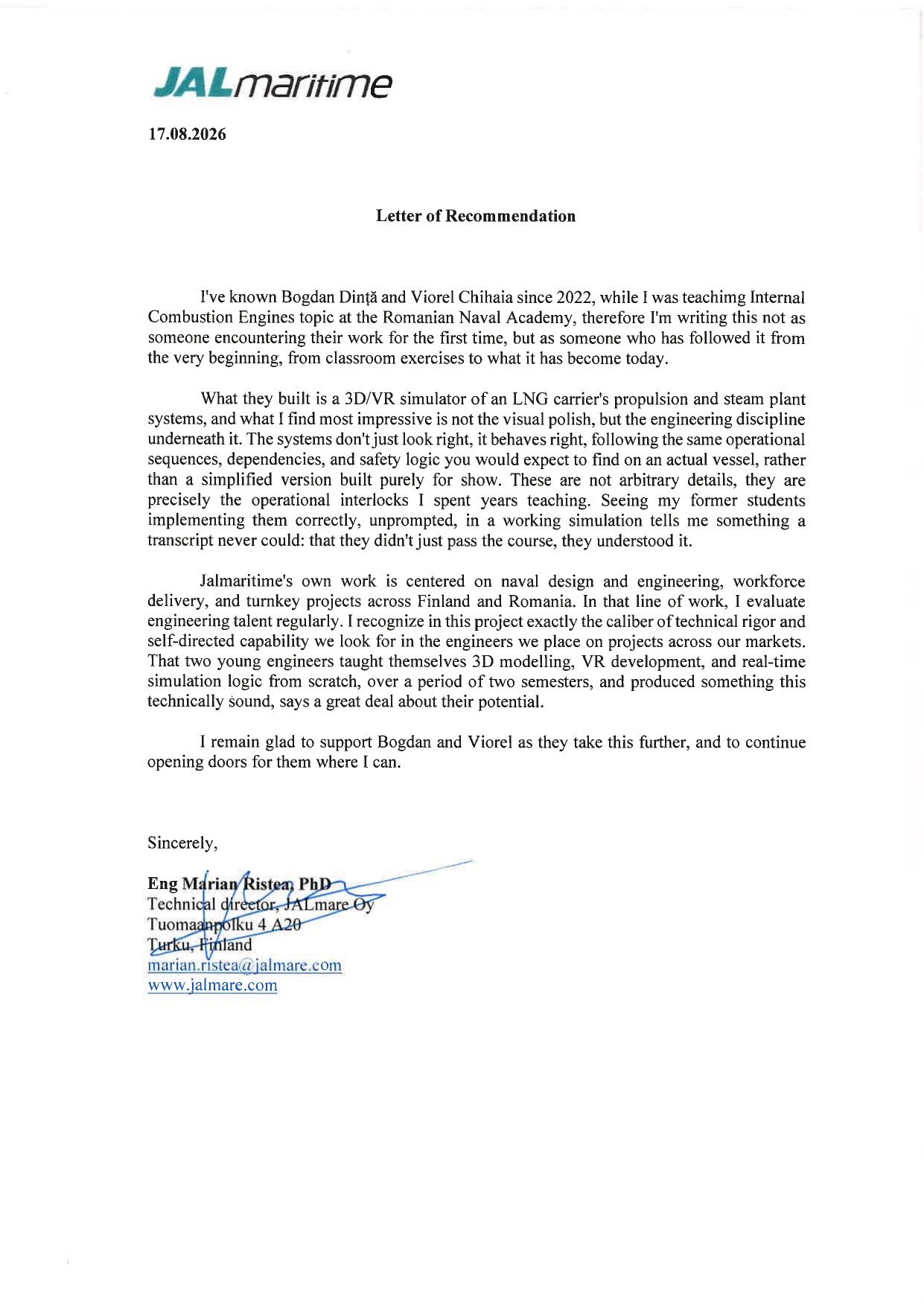 Letter of recommendation from Eng. Marian Ristea, PhD, Technical Director of JALmare Oy