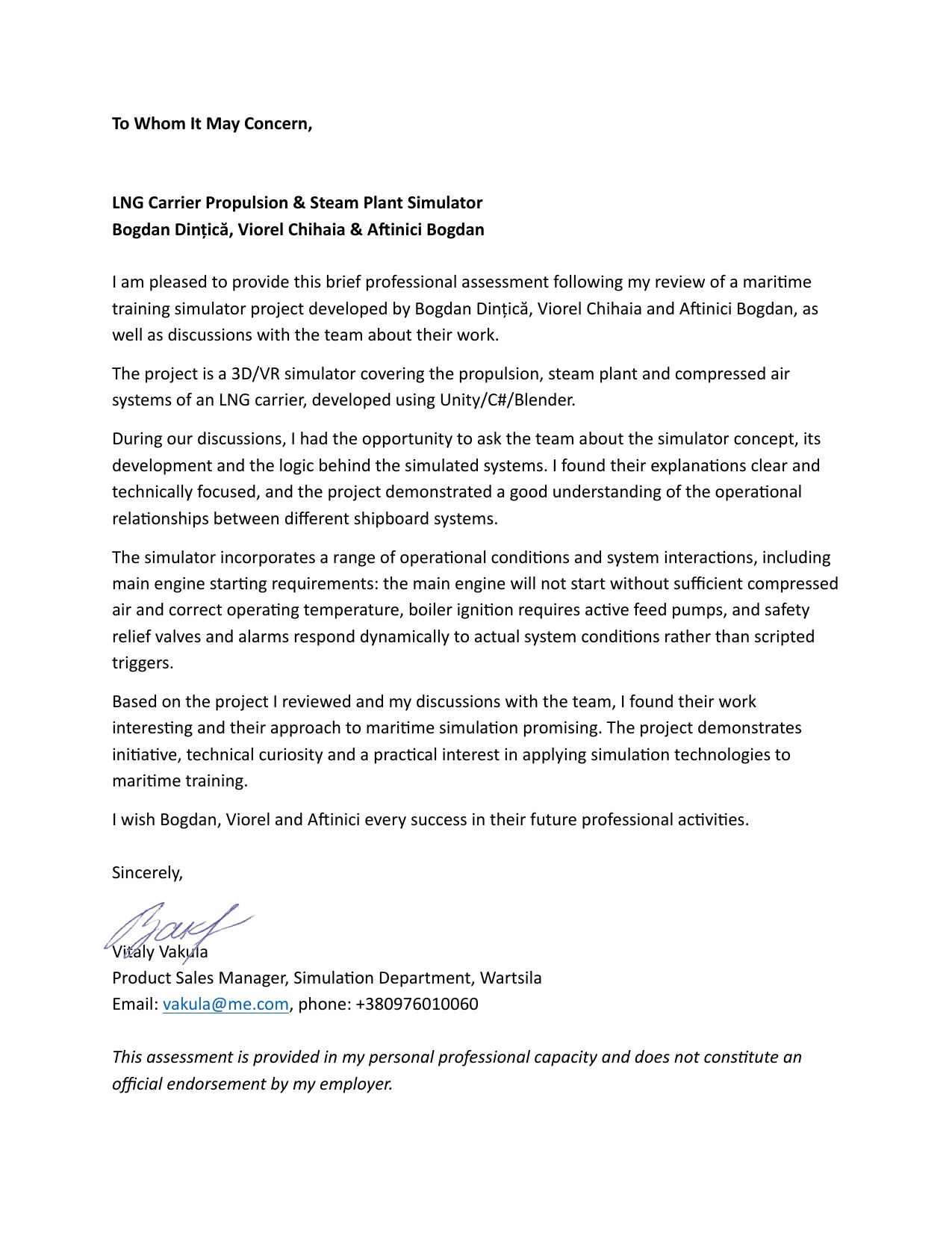 Professional assessment letter from Vitaly Vakula, Simulation Department, Wärtsilä