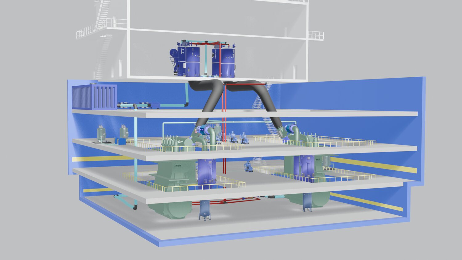 Cutaway view of a 3D-modelled engine room