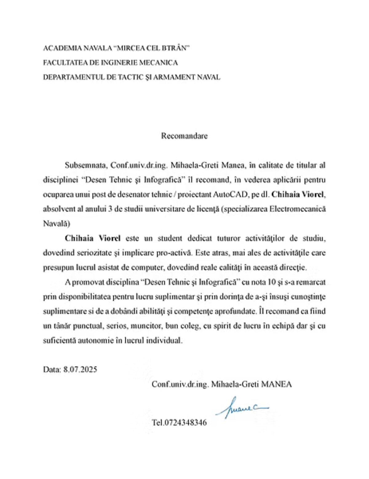 Letter of recommendation from Conf. univ. dr. ing. Mihaela-Greti Manea