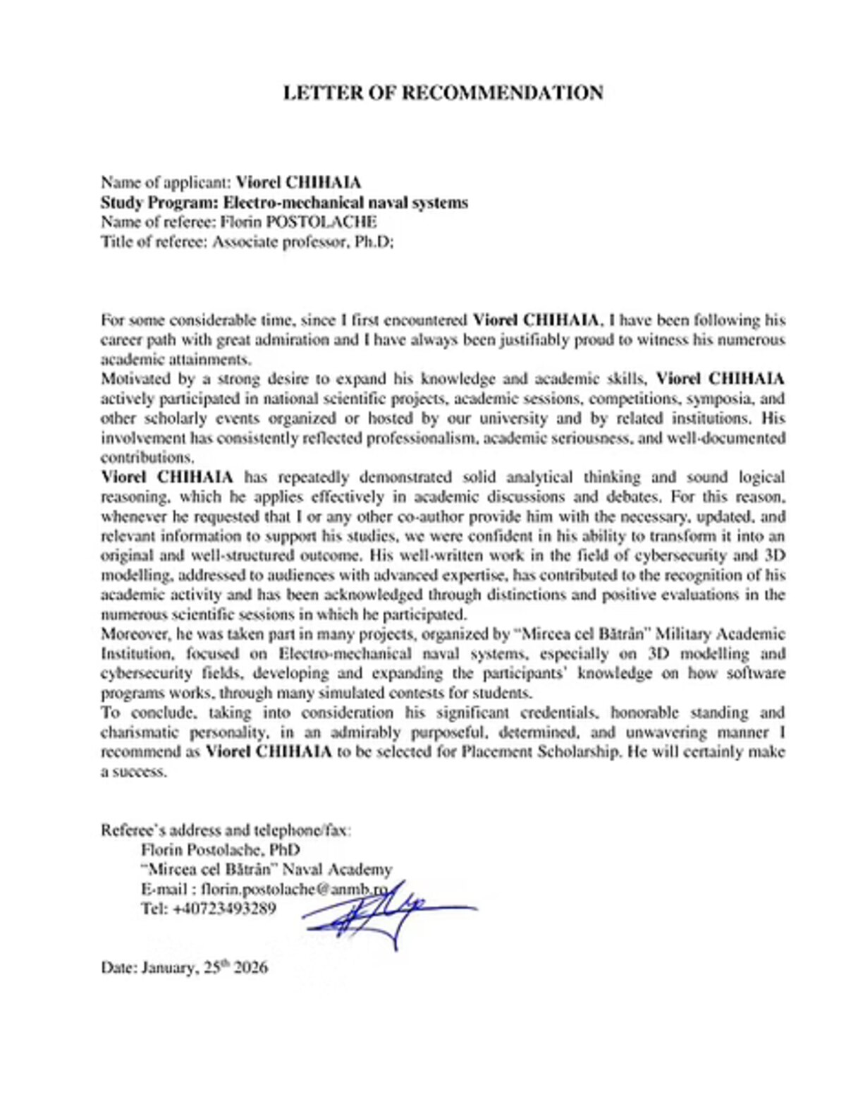 Letter of recommendation from Associate Professor Florin Postolache, PhD