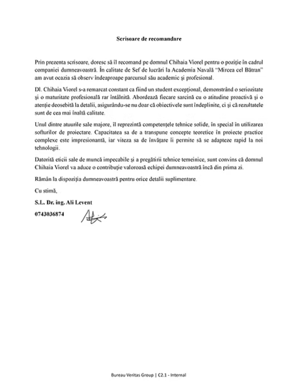 Letter of recommendation from Bureau Veritas